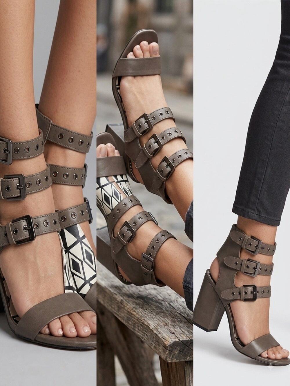 Dolce Vita Gray Leather Triple Buckle Block Heel Gladiator Sandals Size 7